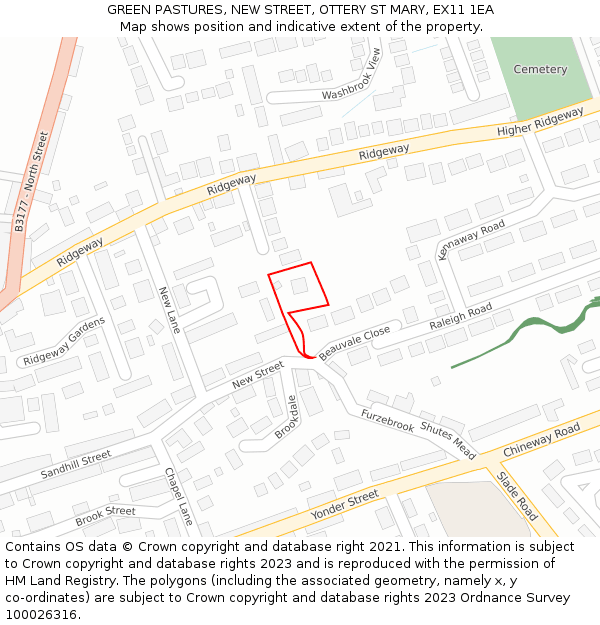GREEN PASTURES, NEW STREET, OTTERY ST MARY, EX11 1EA: Location map and indicative extent of plot