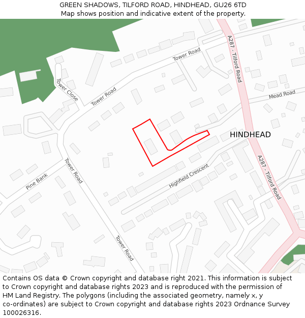 GREEN SHADOWS, TILFORD ROAD, HINDHEAD, GU26 6TD: Location map and indicative extent of plot