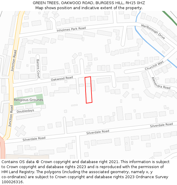 GREEN TREES, OAKWOOD ROAD, BURGESS HILL, RH15 0HZ: Location map and indicative extent of plot