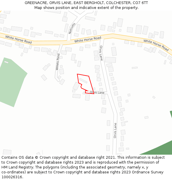 GREENACRE, ORVIS LANE, EAST BERGHOLT, COLCHESTER, CO7 6TT: Location map and indicative extent of plot