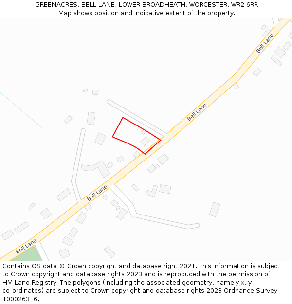 GREENACRES, BELL LANE, LOWER BROADHEATH, WORCESTER, WR2 6RR: Location map and indicative extent of plot