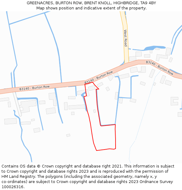 GREENACRES, BURTON ROW, BRENT KNOLL, HIGHBRIDGE, TA9 4BY: Location map and indicative extent of plot