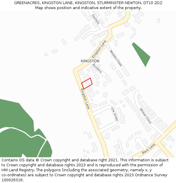 GREENACRES, KINGSTON LANE, KINGSTON, STURMINSTER NEWTON, DT10 2DZ: Location map and indicative extent of plot