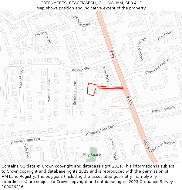 GREENACRES, PEACEMARSH, GILLINGHAM, SP8 4HD: Location map and indicative extent of plot