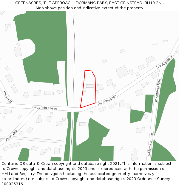 GREENACRES, THE APPROACH, DORMANS PARK, EAST GRINSTEAD, RH19 3NU: Location map and indicative extent of plot