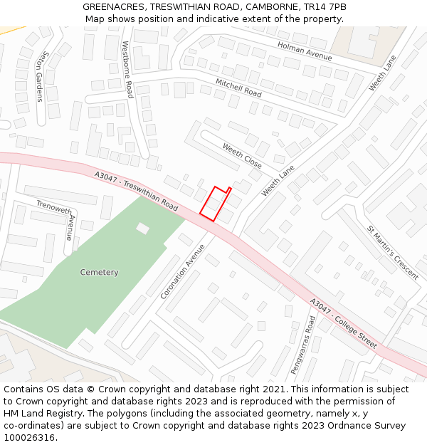 GREENACRES, TRESWITHIAN ROAD, CAMBORNE, TR14 7PB: Location map and indicative extent of plot