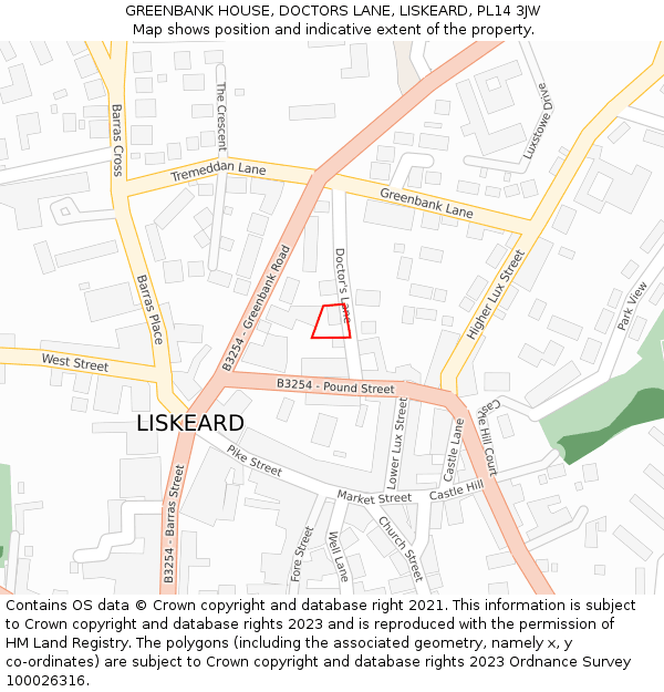 GREENBANK HOUSE, DOCTORS LANE, LISKEARD, PL14 3JW: Location map and indicative extent of plot
