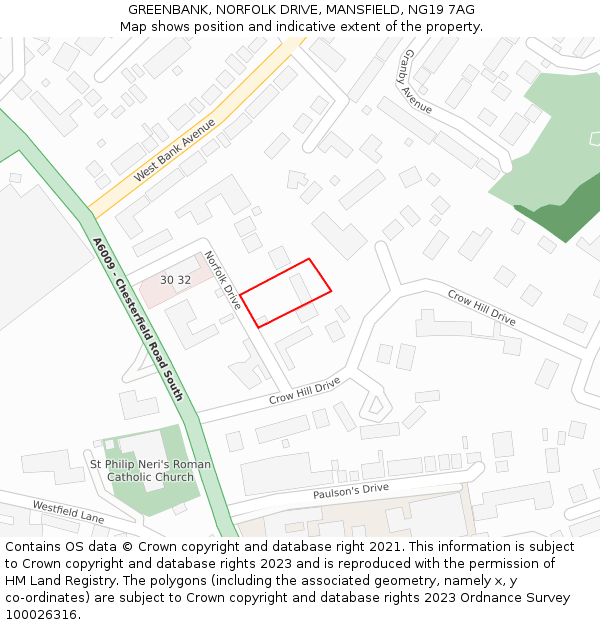 GREENBANK, NORFOLK DRIVE, MANSFIELD, NG19 7AG: Location map and indicative extent of plot