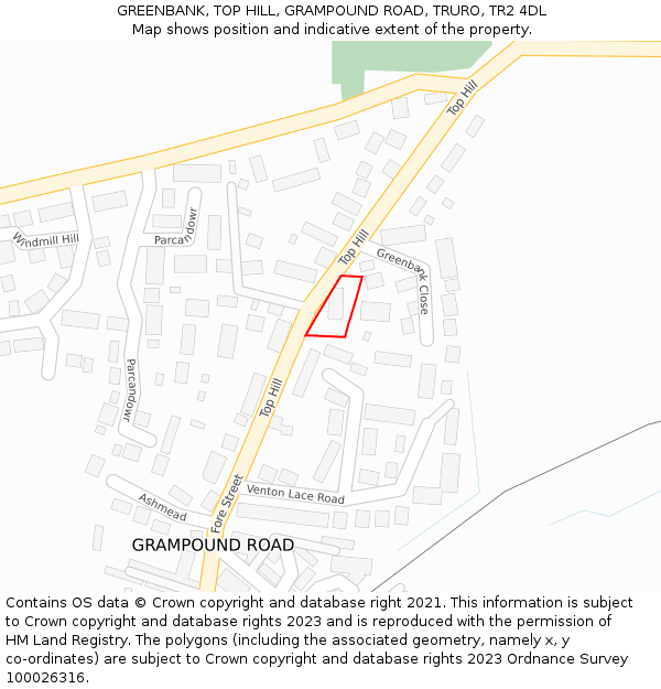 GREENBANK, TOP HILL, GRAMPOUND ROAD, TRURO, TR2 4DL: Location map and indicative extent of plot