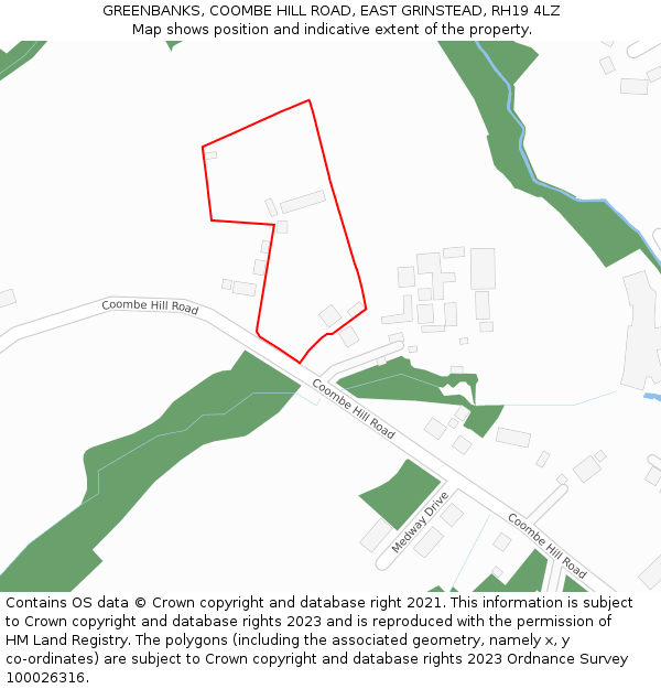 GREENBANKS, COOMBE HILL ROAD, EAST GRINSTEAD, RH19 4LZ: Location map and indicative extent of plot