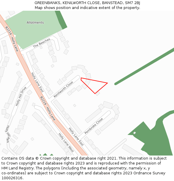GREENBANKS, KENILWORTH CLOSE, BANSTEAD, SM7 2BJ: Location map and indicative extent of plot