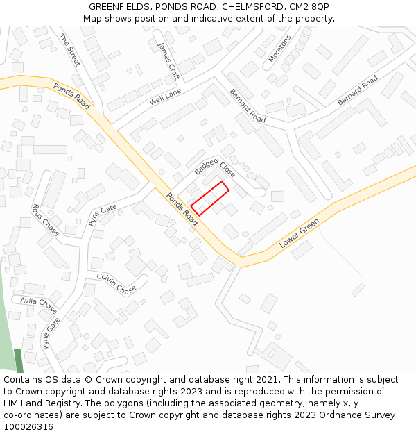 GREENFIELDS, PONDS ROAD, CHELMSFORD, CM2 8QP: Location map and indicative extent of plot