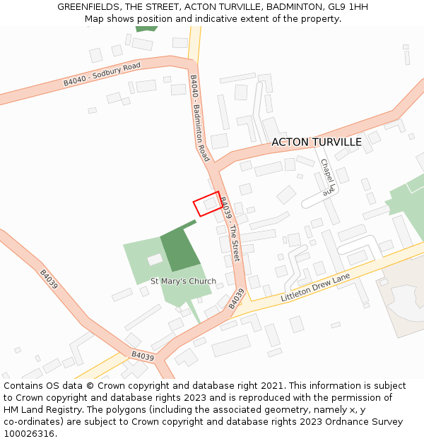 GREENFIELDS, THE STREET, ACTON TURVILLE, BADMINTON, GL9 1HH: Location map and indicative extent of plot