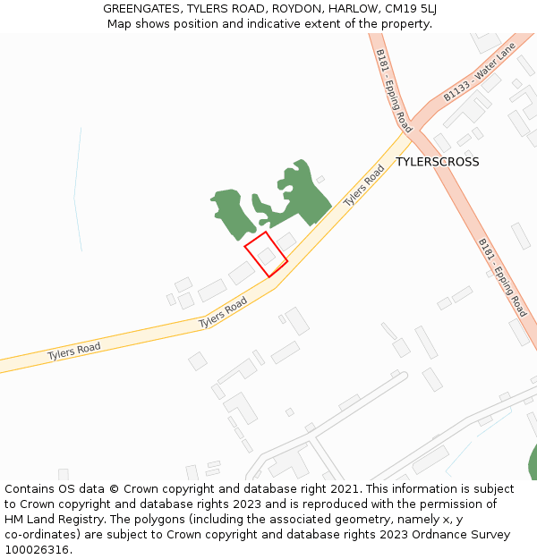 GREENGATES, TYLERS ROAD, ROYDON, HARLOW, CM19 5LJ: Location map and indicative extent of plot