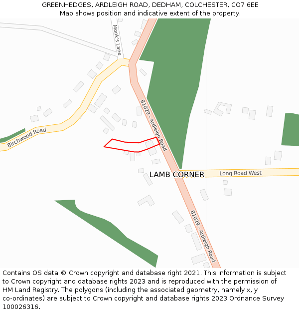 GREENHEDGES, ARDLEIGH ROAD, DEDHAM, COLCHESTER, CO7 6EE: Location map and indicative extent of plot