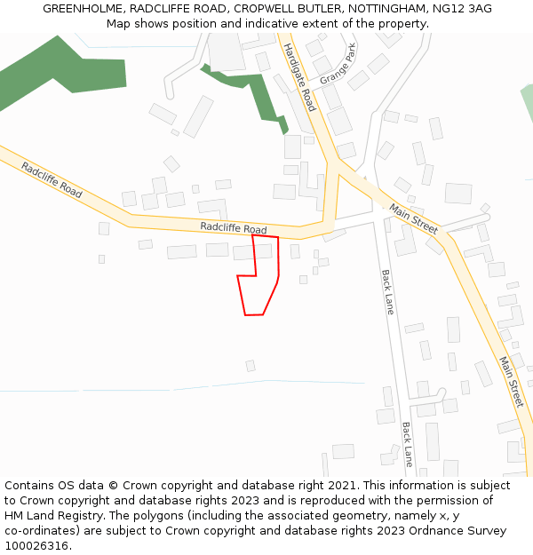 GREENHOLME, RADCLIFFE ROAD, CROPWELL BUTLER, NOTTINGHAM, NG12 3AG: Location map and indicative extent of plot