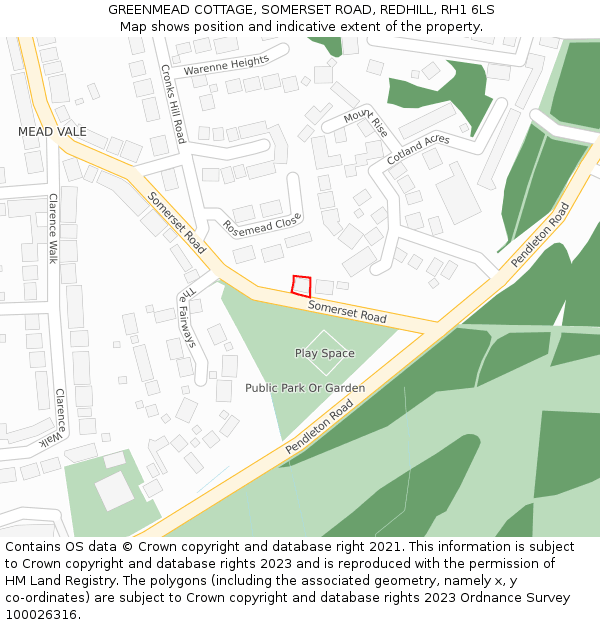 GREENMEAD COTTAGE, SOMERSET ROAD, REDHILL, RH1 6LS: Location map and indicative extent of plot