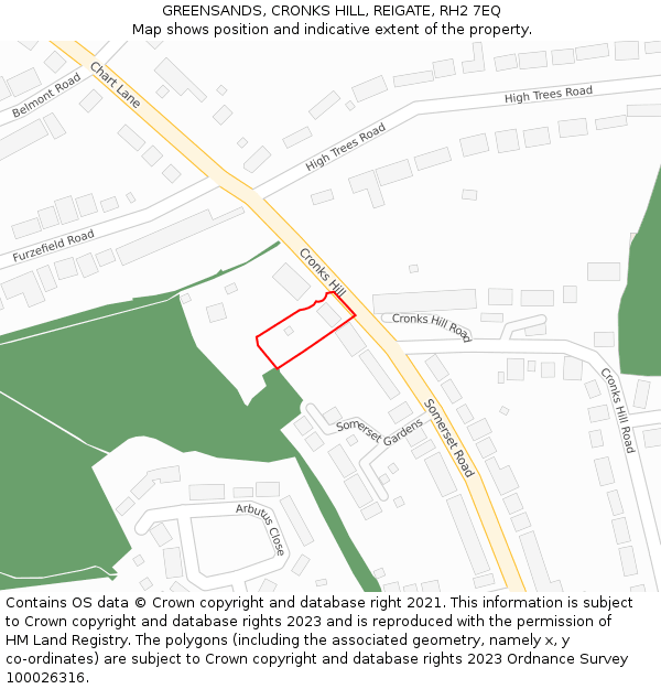 GREENSANDS, CRONKS HILL, REIGATE, RH2 7EQ: Location map and indicative extent of plot