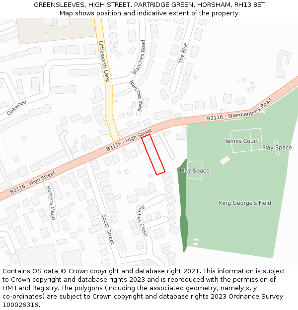 GREENSLEEVES, HIGH STREET, PARTRIDGE GREEN, HORSHAM, RH13 8ET: Location map and indicative extent of plot