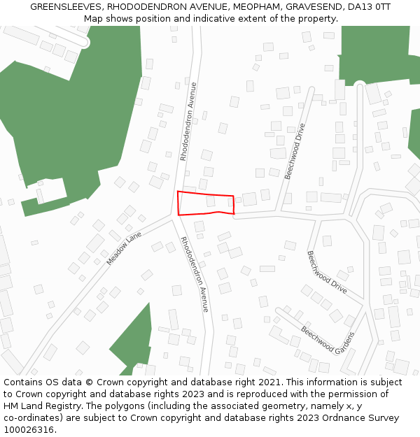 GREENSLEEVES, RHODODENDRON AVENUE, MEOPHAM, GRAVESEND, DA13 0TT: Location map and indicative extent of plot