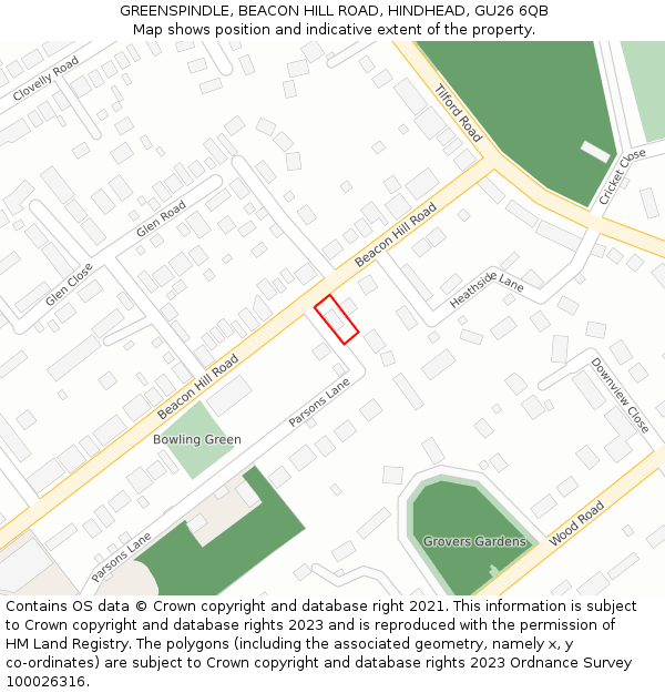 GREENSPINDLE, BEACON HILL ROAD, HINDHEAD, GU26 6QB: Location map and indicative extent of plot