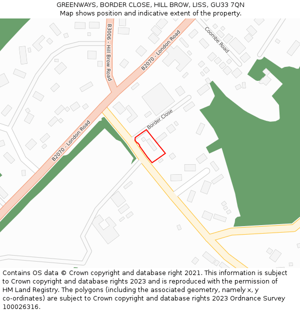 GREENWAYS, BORDER CLOSE, HILL BROW, LISS, GU33 7QN: Location map and indicative extent of plot