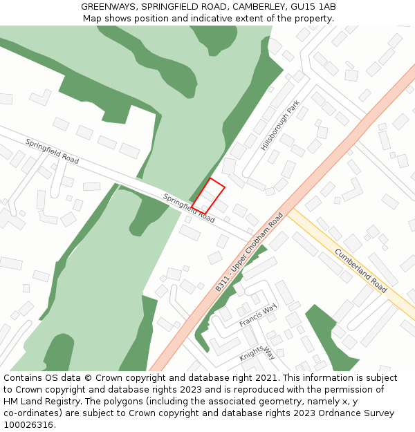 GREENWAYS, SPRINGFIELD ROAD, CAMBERLEY, GU15 1AB: Location map and indicative extent of plot