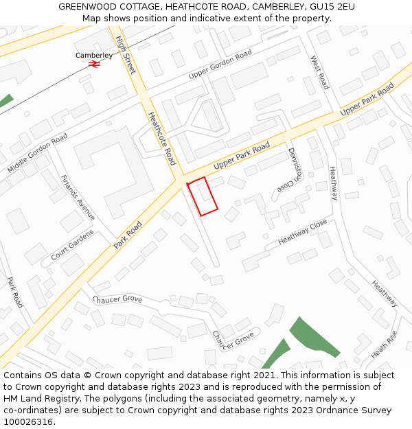 GREENWOOD COTTAGE, HEATHCOTE ROAD, CAMBERLEY, GU15 2EU: Location map and indicative extent of plot