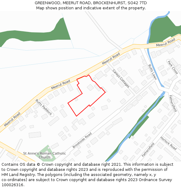 GREENWOOD, MEERUT ROAD, BROCKENHURST, SO42 7TD: Location map and indicative extent of plot