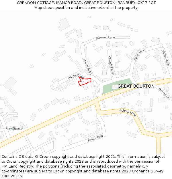 GRENDON COTTAGE, MANOR ROAD, GREAT BOURTON, BANBURY, OX17 1QT: Location map and indicative extent of plot
