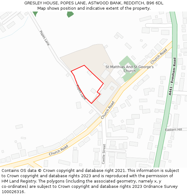 GRESLEY HOUSE, POPES LANE, ASTWOOD BANK, REDDITCH, B96 6DL: Location map and indicative extent of plot