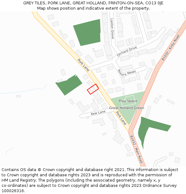 GREY TILES, PORK LANE, GREAT HOLLAND, FRINTON-ON-SEA, CO13 0JE: Location map and indicative extent of plot