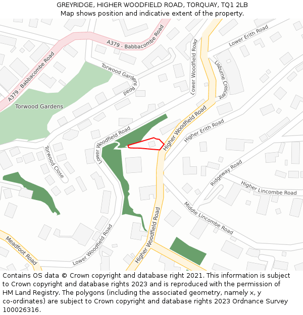 GREYRIDGE, HIGHER WOODFIELD ROAD, TORQUAY, TQ1 2LB: Location map and indicative extent of plot