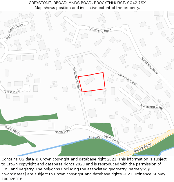 GREYSTONE, BROADLANDS ROAD, BROCKENHURST, SO42 7SX: Location map and indicative extent of plot