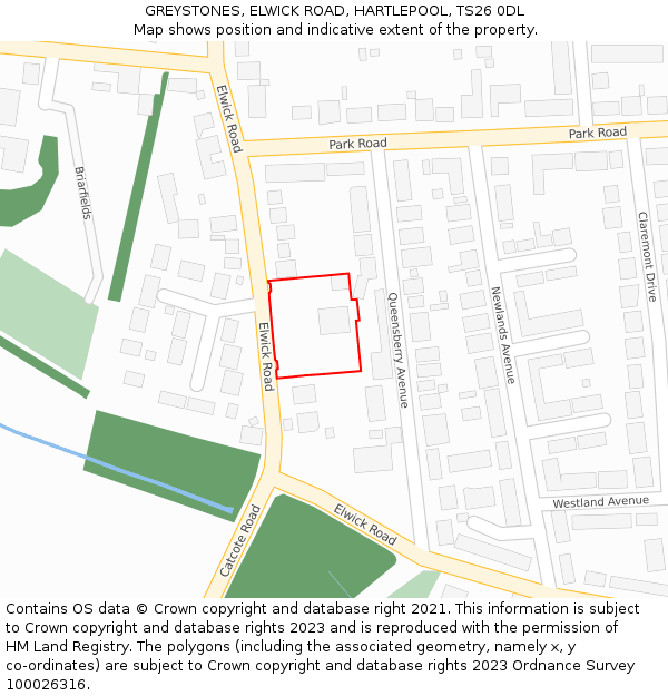 GREYSTONES, ELWICK ROAD, HARTLEPOOL, TS26 0DL: Location map and indicative extent of plot