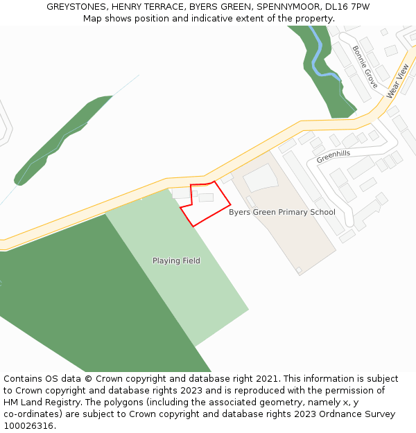 GREYSTONES, HENRY TERRACE, BYERS GREEN, SPENNYMOOR, DL16 7PW: Location map and indicative extent of plot