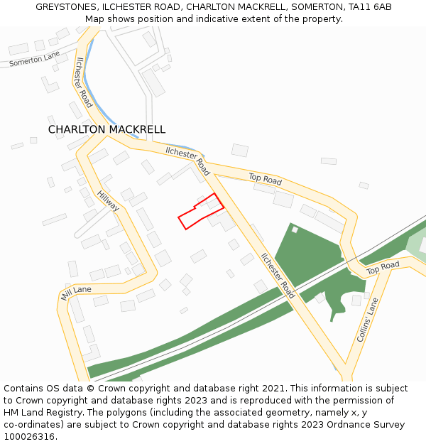 GREYSTONES, ILCHESTER ROAD, CHARLTON MACKRELL, SOMERTON, TA11 6AB: Location map and indicative extent of plot