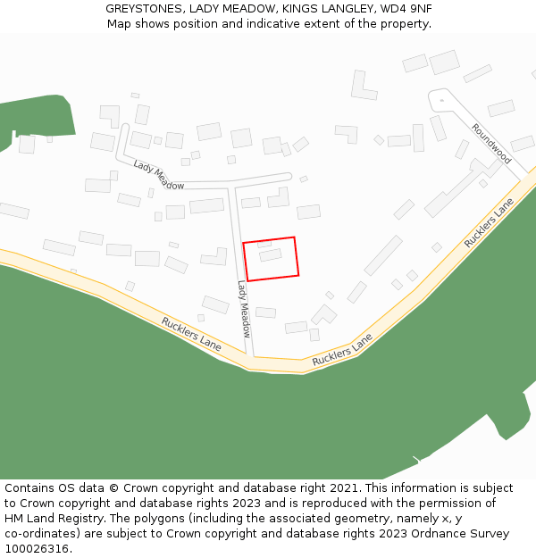 GREYSTONES, LADY MEADOW, KINGS LANGLEY, WD4 9NF: Location map and indicative extent of plot