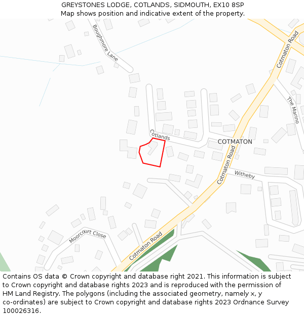 GREYSTONES LODGE, COTLANDS, SIDMOUTH, EX10 8SP: Location map and indicative extent of plot