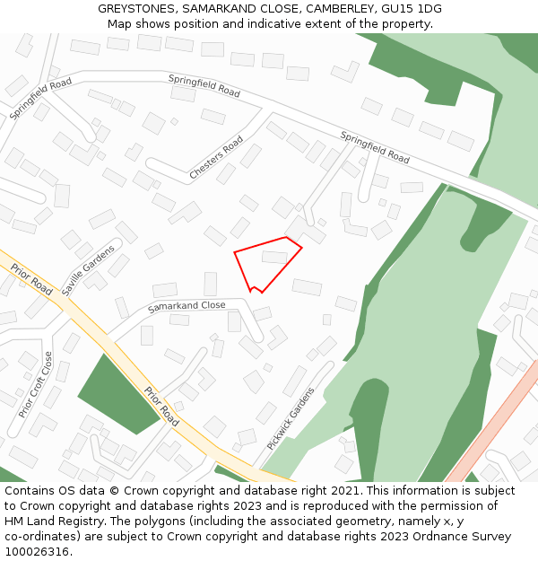 GREYSTONES, SAMARKAND CLOSE, CAMBERLEY, GU15 1DG: Location map and indicative extent of plot