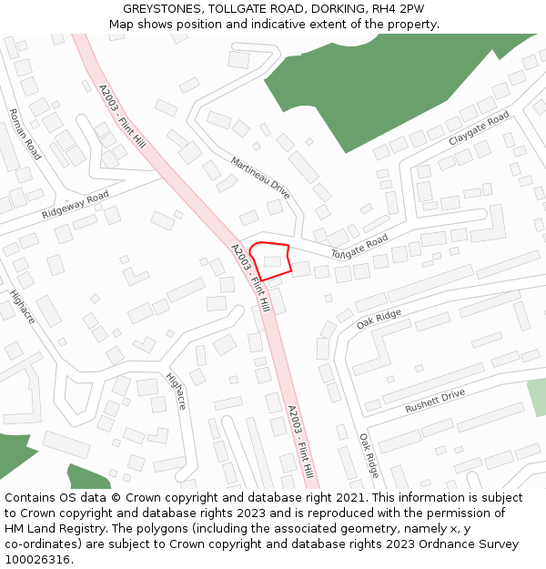 GREYSTONES, TOLLGATE ROAD, DORKING, RH4 2PW: Location map and indicative extent of plot