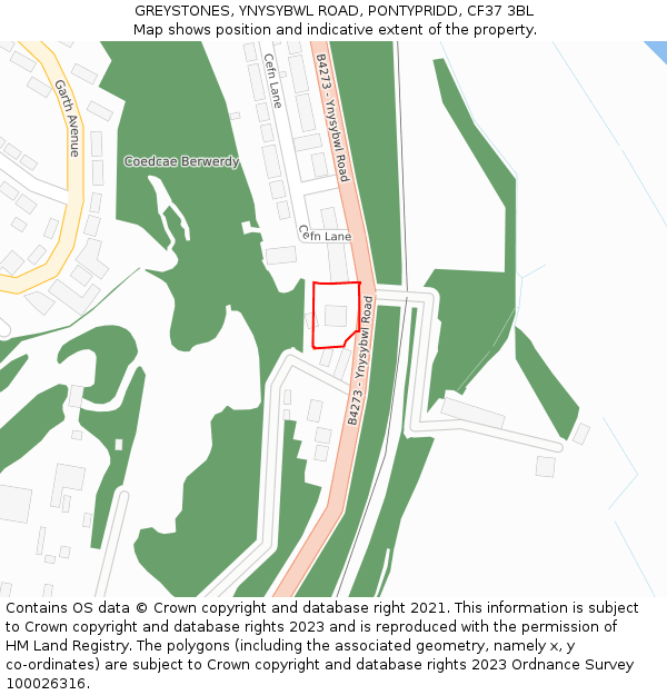GREYSTONES, YNYSYBWL ROAD, PONTYPRIDD, CF37 3BL: Location map and indicative extent of plot