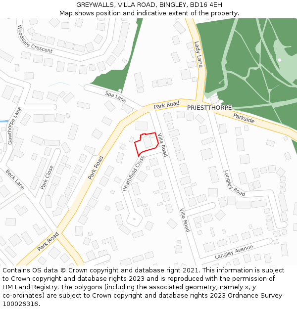 GREYWALLS, VILLA ROAD, BINGLEY, BD16 4EH: Location map and indicative extent of plot