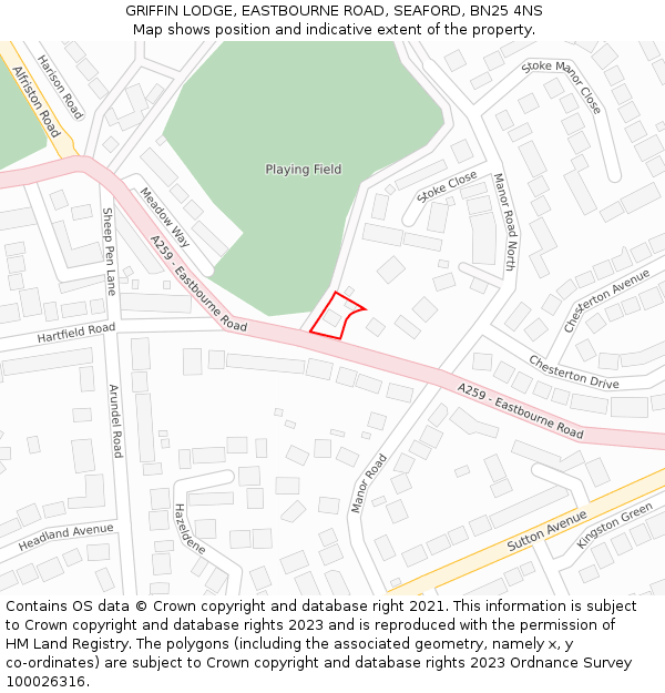 GRIFFIN LODGE, EASTBOURNE ROAD, SEAFORD, BN25 4NS: Location map and indicative extent of plot