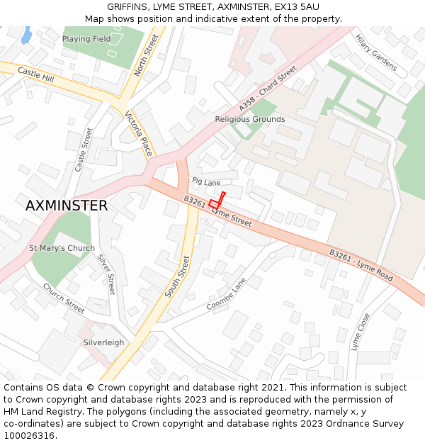 GRIFFINS, LYME STREET, AXMINSTER, EX13 5AU: Location map and indicative extent of plot