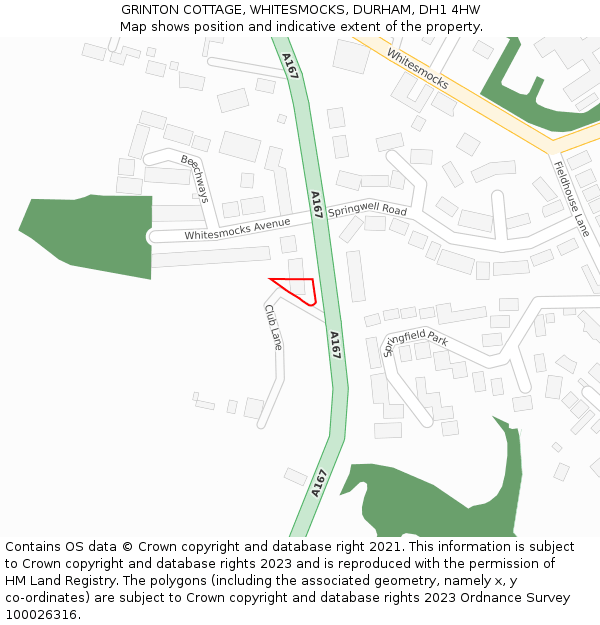 GRINTON COTTAGE, WHITESMOCKS, DURHAM, DH1 4HW: Location map and indicative extent of plot