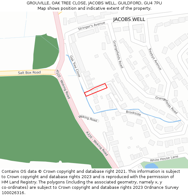 GROUVILLE, OAK TREE CLOSE, JACOBS WELL, GUILDFORD, GU4 7PU: Location map and indicative extent of plot