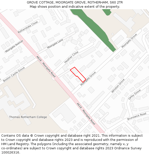 GROVE COTTAGE, MOORGATE GROVE, ROTHERHAM, S60 2TR: Location map and indicative extent of plot