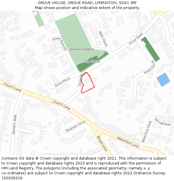 GROVE HOUSE, GROVE ROAD, LYMINGTON, SO41 3RF: Location map and indicative extent of plot