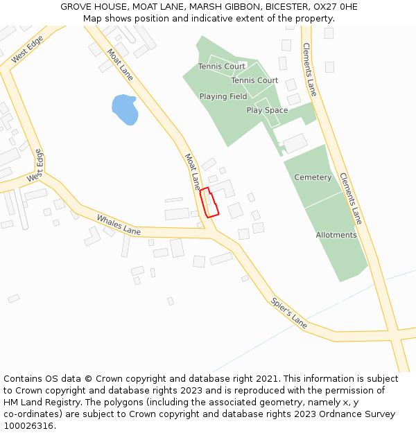 GROVE HOUSE, MOAT LANE, MARSH GIBBON, BICESTER, OX27 0HE: Location map and indicative extent of plot